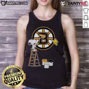 Alt Text: Snoopy and Woodstock painting featuring Boston Bruins logo on a stylish tank top for fans.