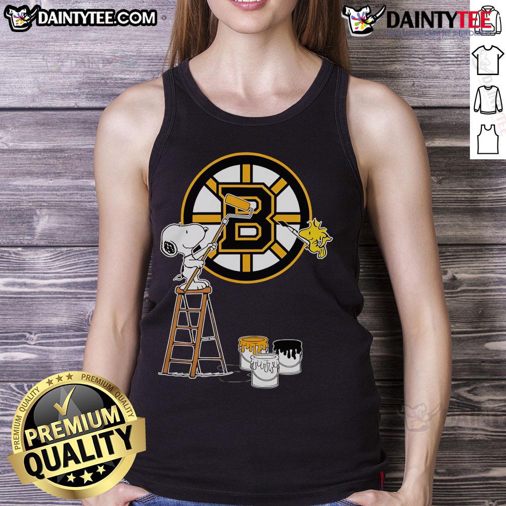 Alt Text: Snoopy and Woodstock painting featuring Boston Bruins logo on a stylish tank top for fans.