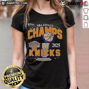 Alt Text: Official 2025 NBA Finals New York Knicks Championship ladies tee featuring vibrant team colors and logo.
