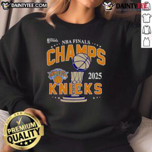 Alt Text: New York Knicks Championship Sweatshirt for the 2025 NBA Finals, showcasing team colors and logo in a stylish design.