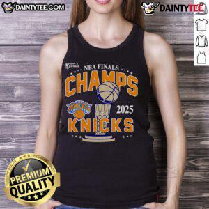 Official 2025 NBA Finals New York Knicks championship tank top featuring team colors and logo.