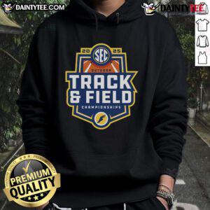 Official 2025 SEC Outdoor Track and Field Championships hoodie featuring team colors and logo.