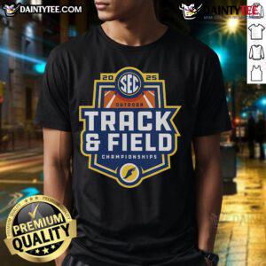 Official 2025 SEC Outdoor Track and Field Championships T-Shirt featuring vibrant design and event logo.