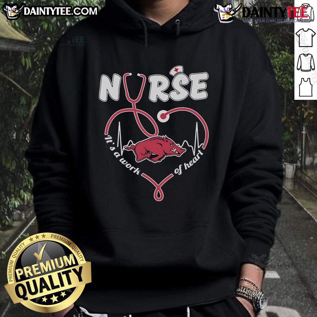 Official Arkansas Razorbacks Nurse hoodie featuring 'It's A Work Of Heart' design, perfect for fans and healthcare workers.