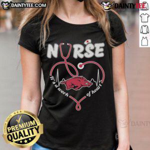 Alt Text: Official Arkansas Razorbacks Nurse It's A Work Of Heart Ladies Tee featuring vibrant team colors and heart design.