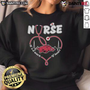 Alt Text: Official Arkansas Razorbacks Nurse sweatshirt featuring It's a Work of Heart design in vibrant team colors.