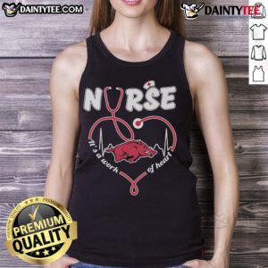 Official Arkansas Razorbacks nurse tank top featuring 'It's a Work of Heart' design, perfect for fans and healthcare workers.