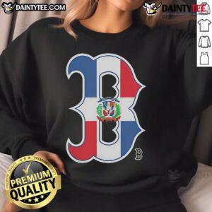 Alt Text: Official Boston Red Sox Dominican Republic Flag Logo Sweatshirt featuring vibrant colors and team branding.