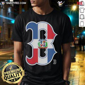 Alt Text: Official Boston Red Sox Dominican Republic Flag Logo T-Shirt featuring vibrant colors and bold team branding.