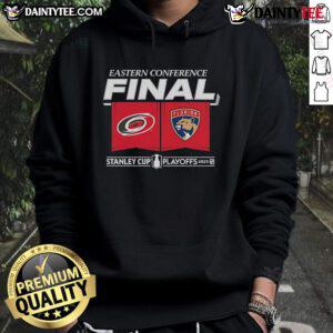 Official Carolina Hurricanes vs Florida Panthers 2025 Eastern Conference Finals matchup hoodie with center ice design.