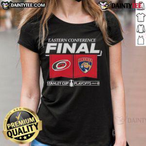 Official Carolina Hurricanes vs Florida Panthers 2025 Eastern Conference Finals matchup center ice ladies tee shirt design.