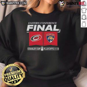 Official Carolina Hurricanes vs Florida Panthers 2025 Eastern Conference Finals matchup center ice sweatshirt design.