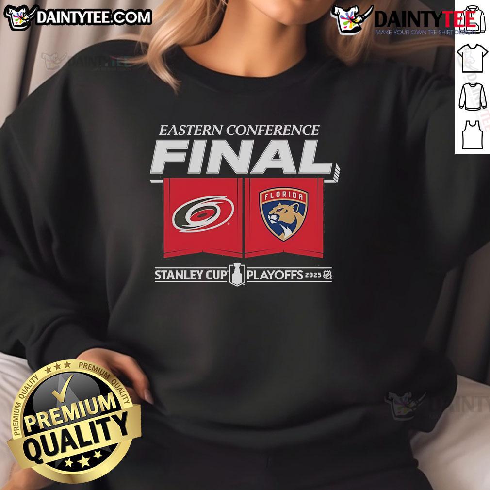 Official Carolina Hurricanes vs Florida Panthers 2025 Eastern Conference Finals matchup center ice sweatshirt design.