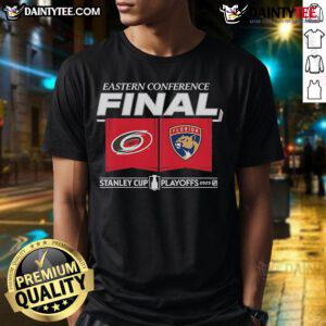 Official Carolina Hurricanes vs Florida Panthers 2025 Eastern Conference Finals T-Shirt featuring center ice design.