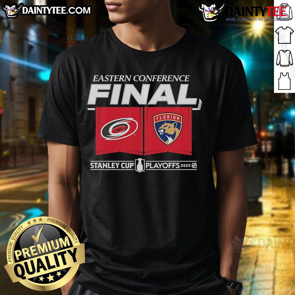 Official Carolina Hurricanes vs Florida Panthers 2025 Eastern Conference Finals T-Shirt featuring center ice design.