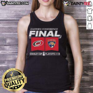 Carolina Hurricanes vs Florida Panthers 2025 Eastern Conference Finals matchup displayed on center ice tank top design.