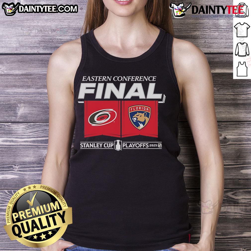 Carolina Hurricanes vs Florida Panthers 2025 Eastern Conference Finals matchup displayed on center ice tank top design.
