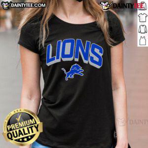 Alt Text: Official Detroit Lions NFL Velocity Performance Arc Ladies Tee in navy blue, perfect for game day or casual wear.