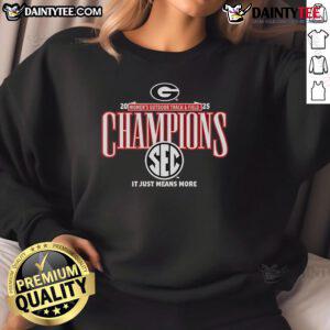 Official Georgia Bulldogs 2025 SEC Women's Outdoor Track Field Champions sweatshirt in red and black design.