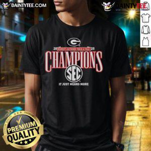 Official Georgia Bulldogs 2025 SEC Women's Outdoor Track & Field Champions T-Shirt in red with team logo.
