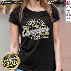Official Georgia Tech 84 2025 ACC Baseball Regular Season Champions ladies tee celebrating the team's victory.