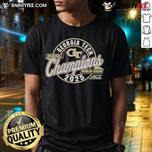 Official Georgia Tech 84 2025 ACC Baseball Regular Season Champions T-Shirt featuring vibrant team colors and logo.