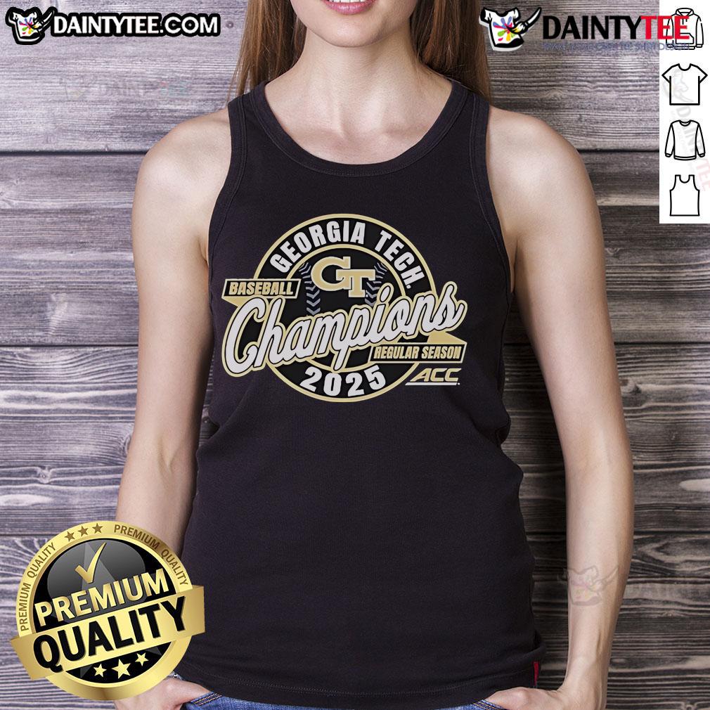 Official Georgia Tech 84 2025 ACC Baseball Regular Season Champions tank top featuring team colors and logo.