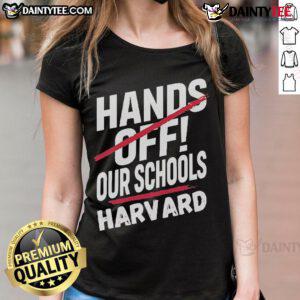 Official I Stand With Harvard Hands Off Anti-Trump Ladies Tee in vibrant colors, promoting activism and women's rights.