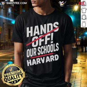 Alt Text: Official I Stand With Harvard Hands Off Anti Trump T-Shirt featuring bold protest graphics and message.