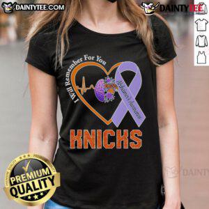 New York Knicks ladies tee promoting Alzheimer's awareness with 'I Will Remember For You' design, perfect for supporters.