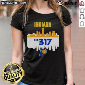 Official Indiana Pacers Cities The 317 NBA Playoffs 2025 Skyline Ladies Tee featuring vibrant city skyline design.