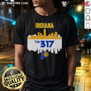Alt Text: Official Indiana Pacers Cities The 317 NBA Playoffs 2025 Skyline T-Shirt showcasing a vibrant skyline design.