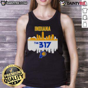 Official Indiana Pacers 317 NBA Playoffs 2025 skyline tank top featuring city design and team logo.