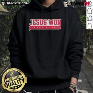 Alt Text: Official Jesus Won Arkansas Razorbacks 2025 Special Hoodie featuring team colors and logo for fans and supporters.