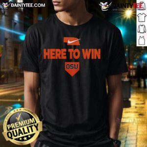 Alt Text: Awesome 2025 Here To Win Oregon State Baseball T-Shirt in orange with logo, perfect for fans of Oregon State baseball.