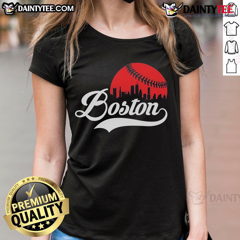 Awesome Boston City baseball skyline graphic on a stylish ladies tee, perfect for Boston fans and baseball lovers.