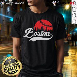 Awesome Boston City Baseball Skyline T-Shirt featuring iconic Boston skyline and baseball graphics in vibrant colors.