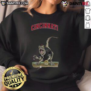 Awesome Cincinnati Reds Tiny Turnip Velociraptor Sweatshirt featuring a playful dinosaur design for fans.