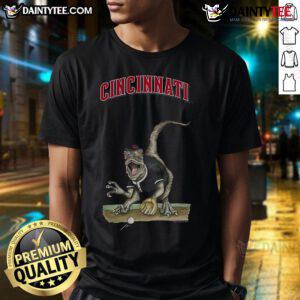 Awesome Cincinnati Reds Tiny Turnip Velociraptor T-Shirt featuring a playful dinosaur design, perfect for young fans.