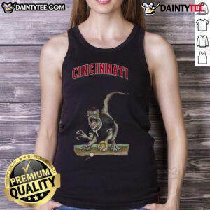 Alt Text: Awesome Cincinnati Reds Tiny Turnip Velociraptor tank top featuring a fun dinosaur design for baseball fans.