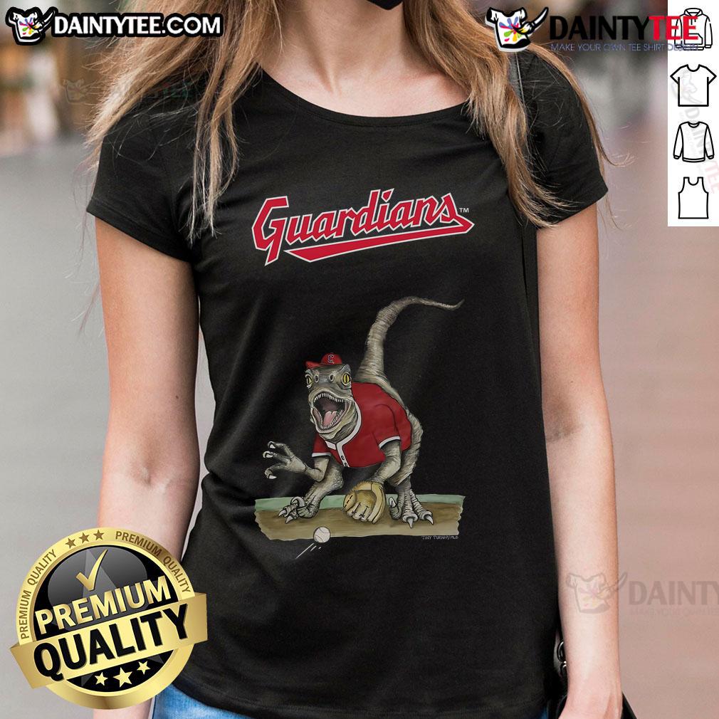 Alt Text: Awesome Cleveland Guardians Tiny Turnip Velociraptor Ladies Tee featuring a fun dinosaur graphic and vibrant colors.