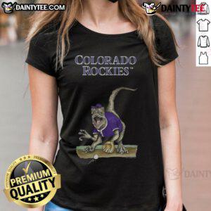 Awesome Colorado Rockies tiny turnip velociraptor ladies tee featuring a fun dinosaur design for casual wear.