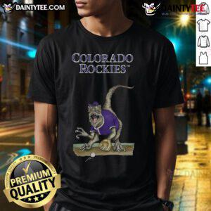 Awesome Colorado Rockies Tiny Turnip Velociraptor T-Shirt featuring a fun dinosaur graphic and vibrant colors for fans.