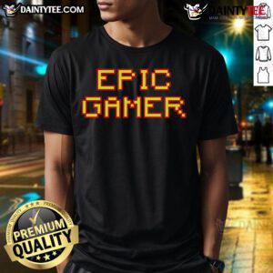 Awesome Epic Gamer Pixel Text T-Shirt featuring vibrant retro pixel art design, perfect for gaming enthusiasts.