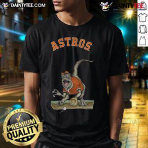 Alt Text: Awesome Houston Astros Tiny Turnip Velociraptor T-Shirt featuring a playful dinosaur design for baseball fans.