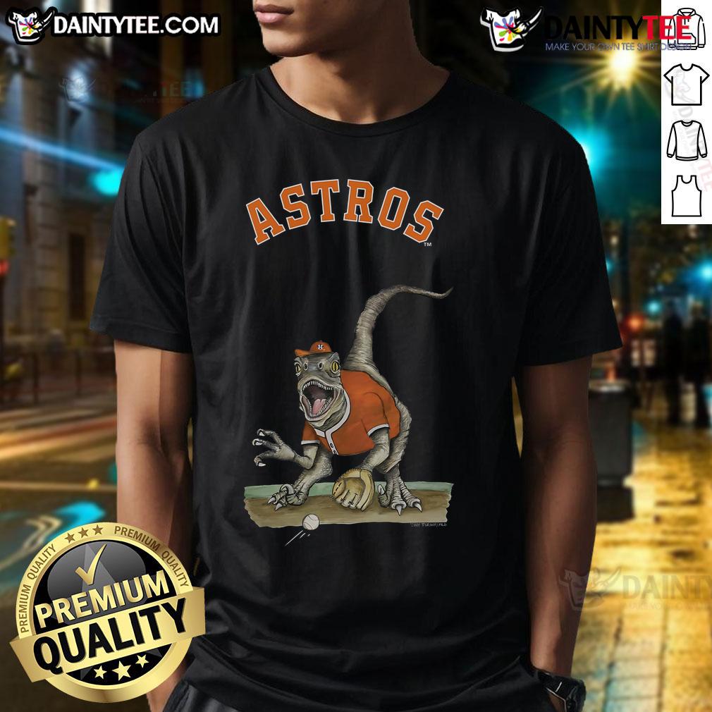 Alt Text: Awesome Houston Astros Tiny Turnip Velociraptor T-Shirt featuring a playful dinosaur design for baseball fans.