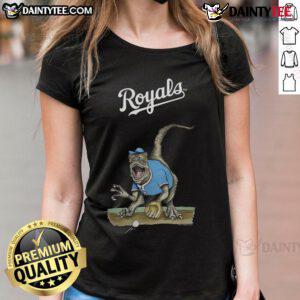 Awesome Kansas City Royals Tiny Turnip Velociraptor Ladies Tee featuring a fun dinosaur graphic for baseball fans.