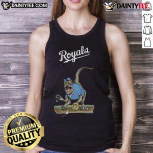 Awesome Kansas City Royals Tiny Turnip Velociraptor tank top featuring a vibrant dinosaur design in team colors.