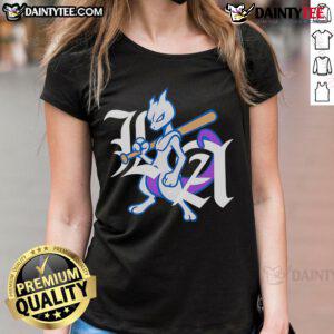 Awesome LA Dodgers X Mewtwo logo ladies tee featuring vibrant graphics and a stylish fit for fans of both brands.