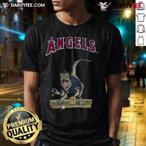 Awesome Los Angeles Angels Tiny Turnip Velociraptor T-Shirt featuring a fun dinosaur graphic for baseball fans.